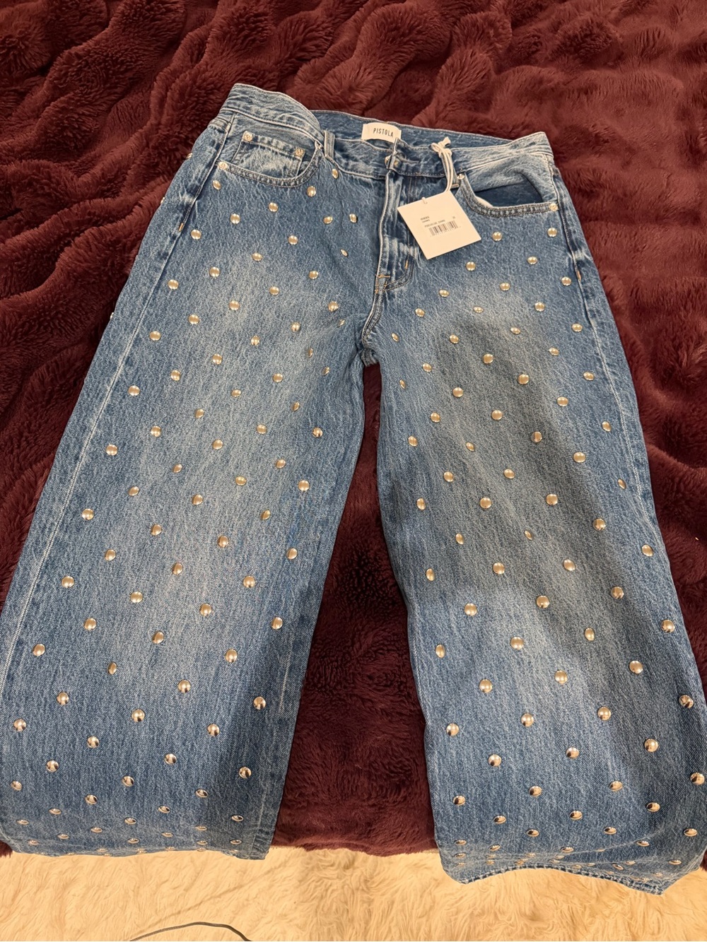 pistola Blue Wide-Leg Jeans with Silver Studs. Runs very large! Will fit 28/29